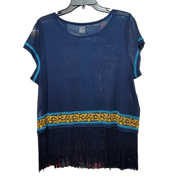 Inc Beach Blue Fringe Sheer Cap Sleeve Swim Suit Cover Up Women's Size XL - Picture 2 of 6